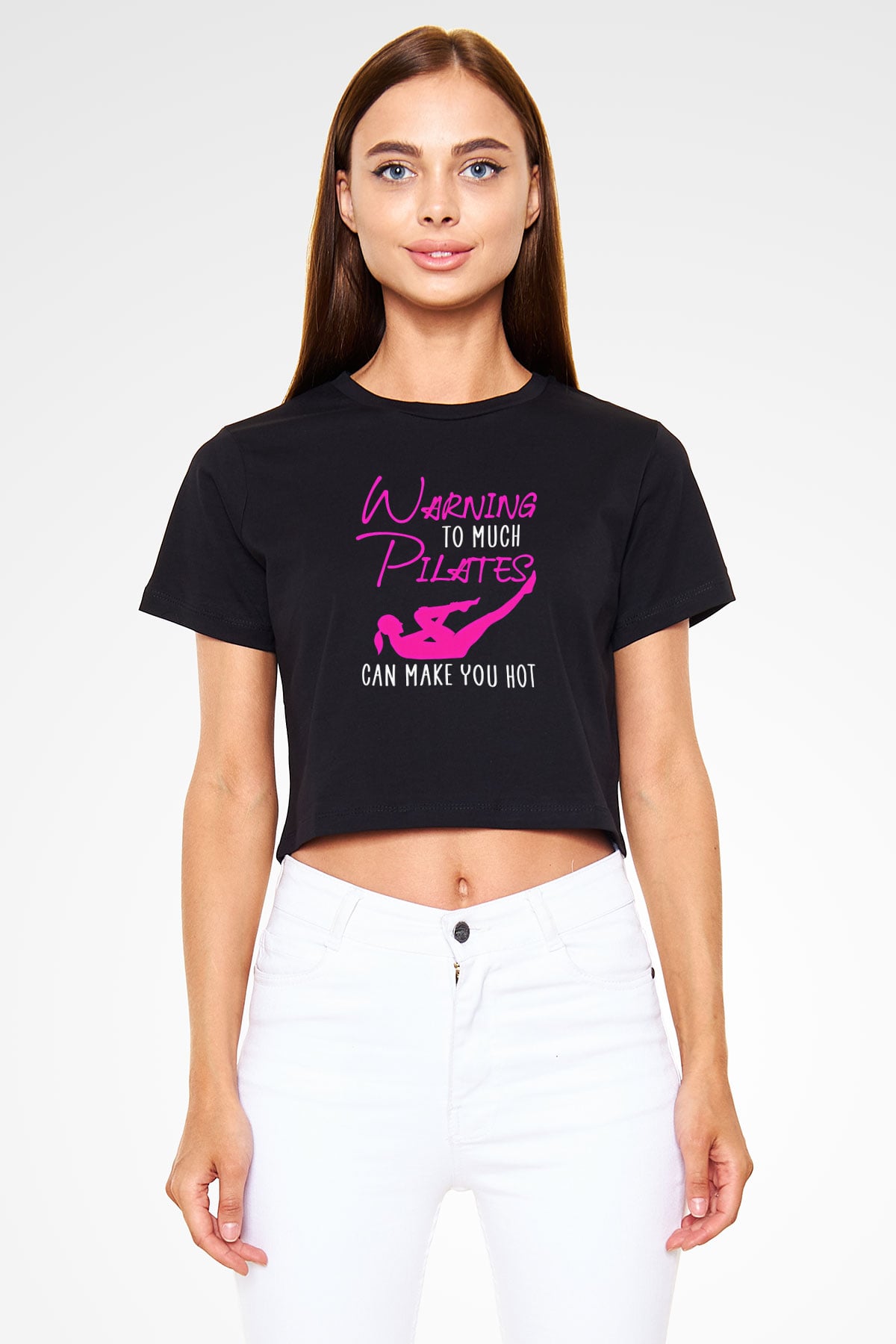 Pilates Baskılı Crop Top Siyah Kadın Tişört - Tshirt
