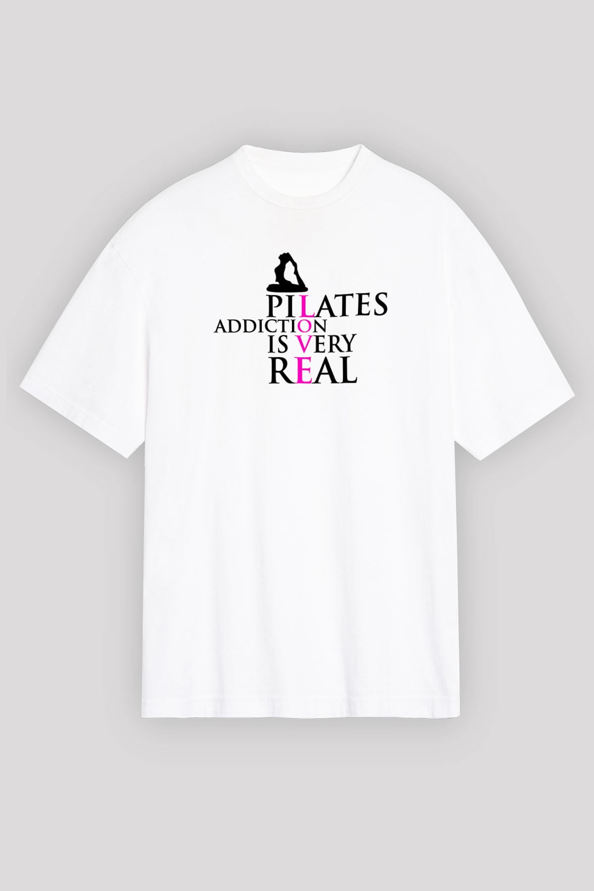 Pilates Baskılı Unisex Beyaz Oversize Tişört - Tshirt