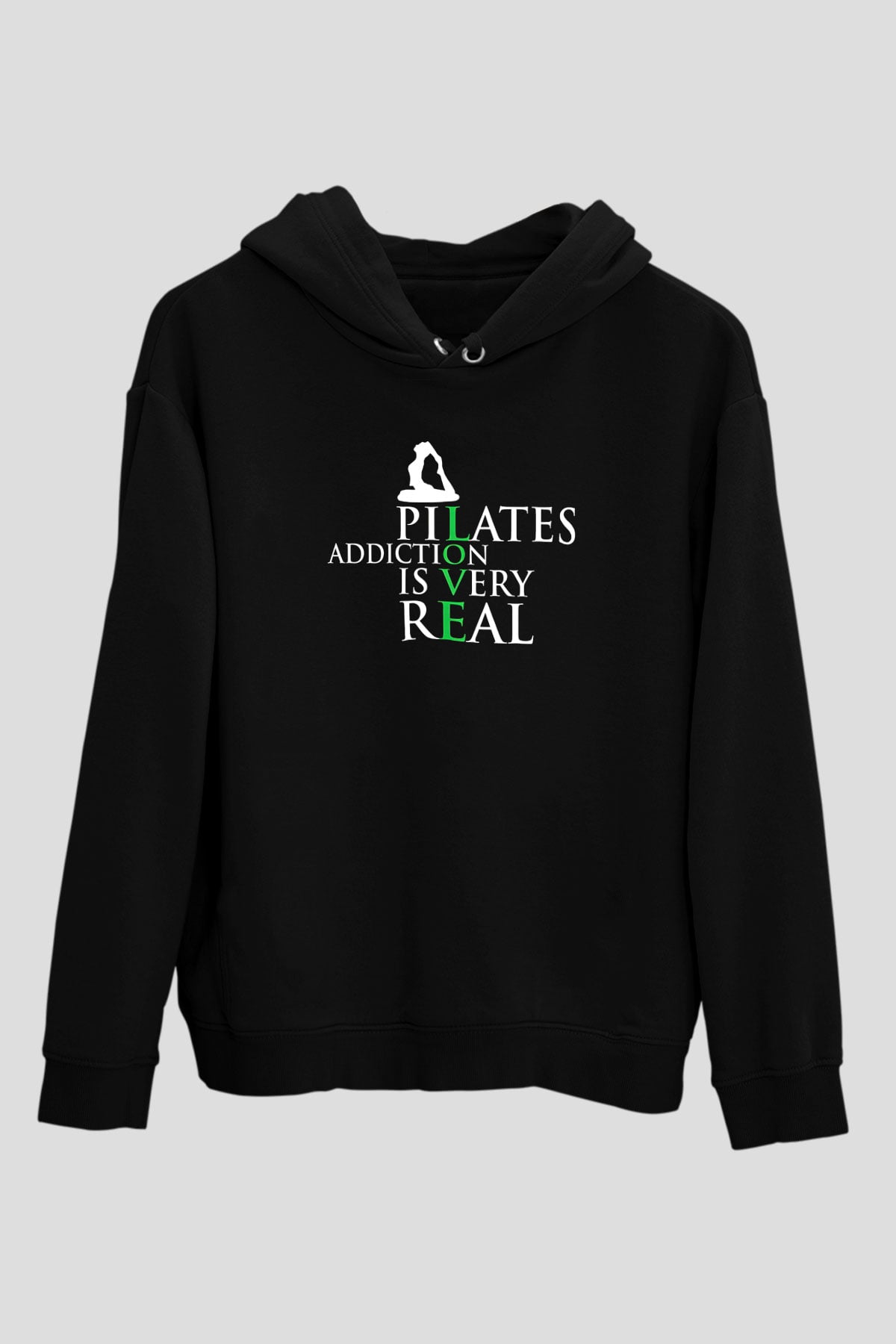 Pilates Baskılı Unisex Siyah Kapüşonlu Sweatshirt
