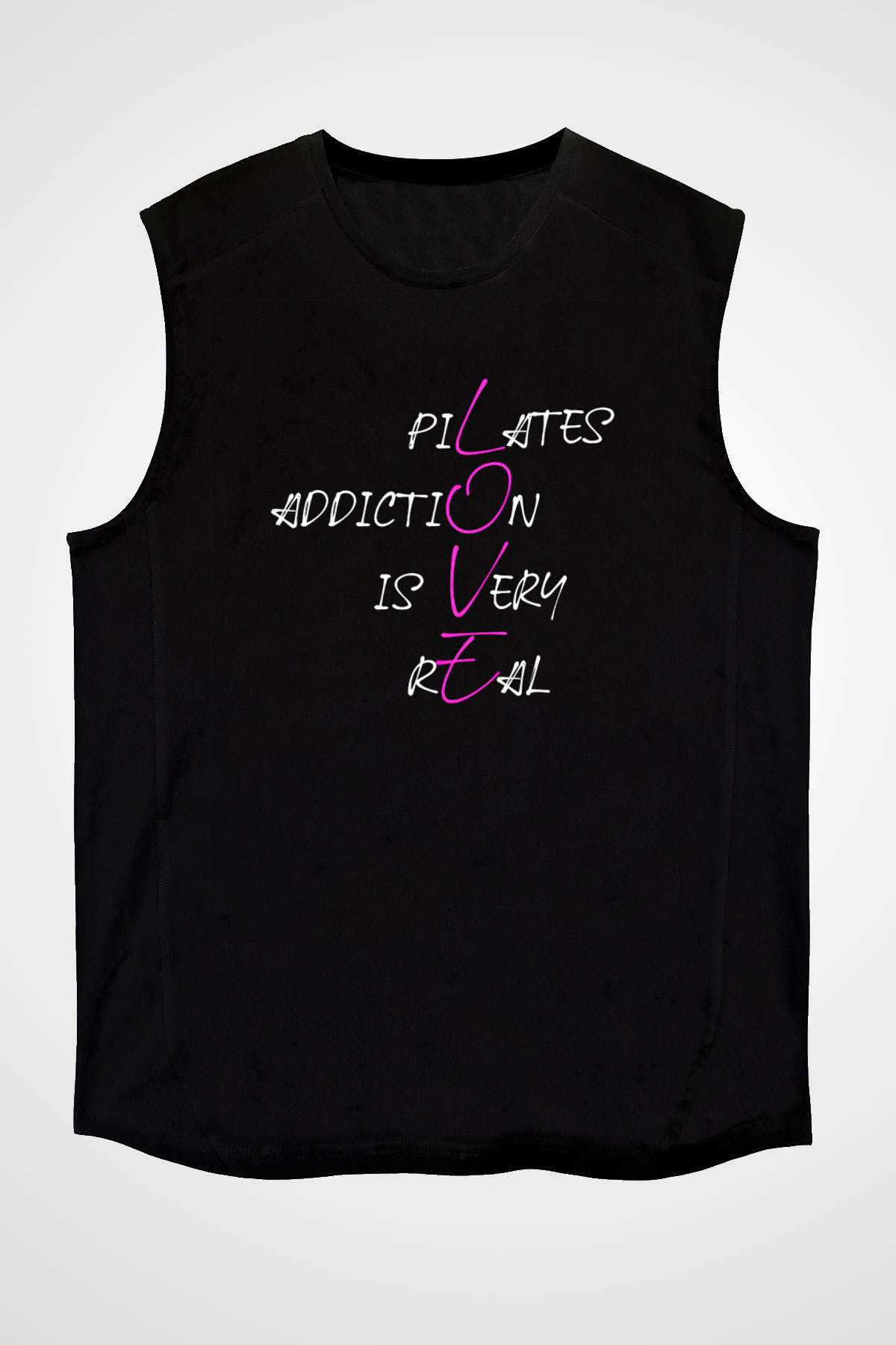 Pilates Baskılı Unisex Siyah Kolsuz Tişört