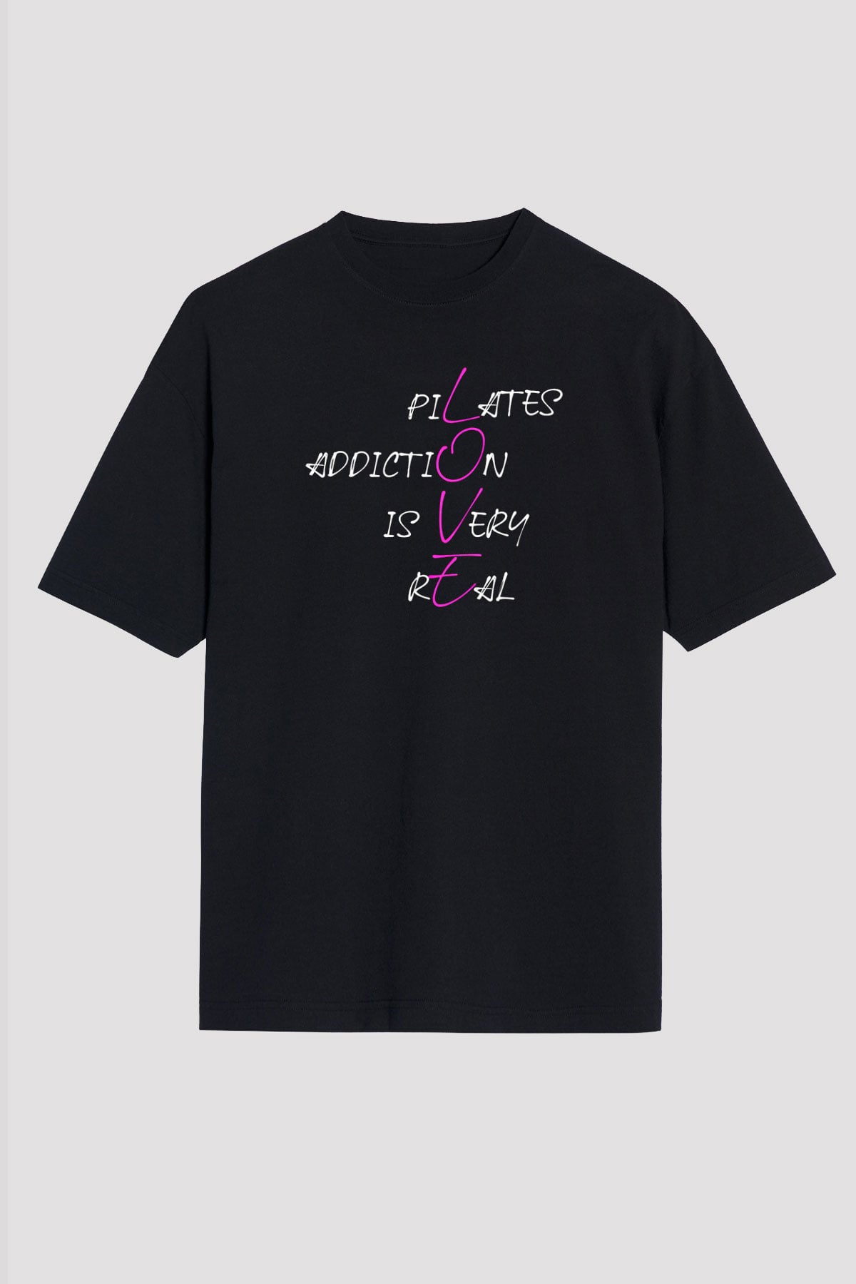Pilates Baskılı Unisex Siyah Oversize Tişört