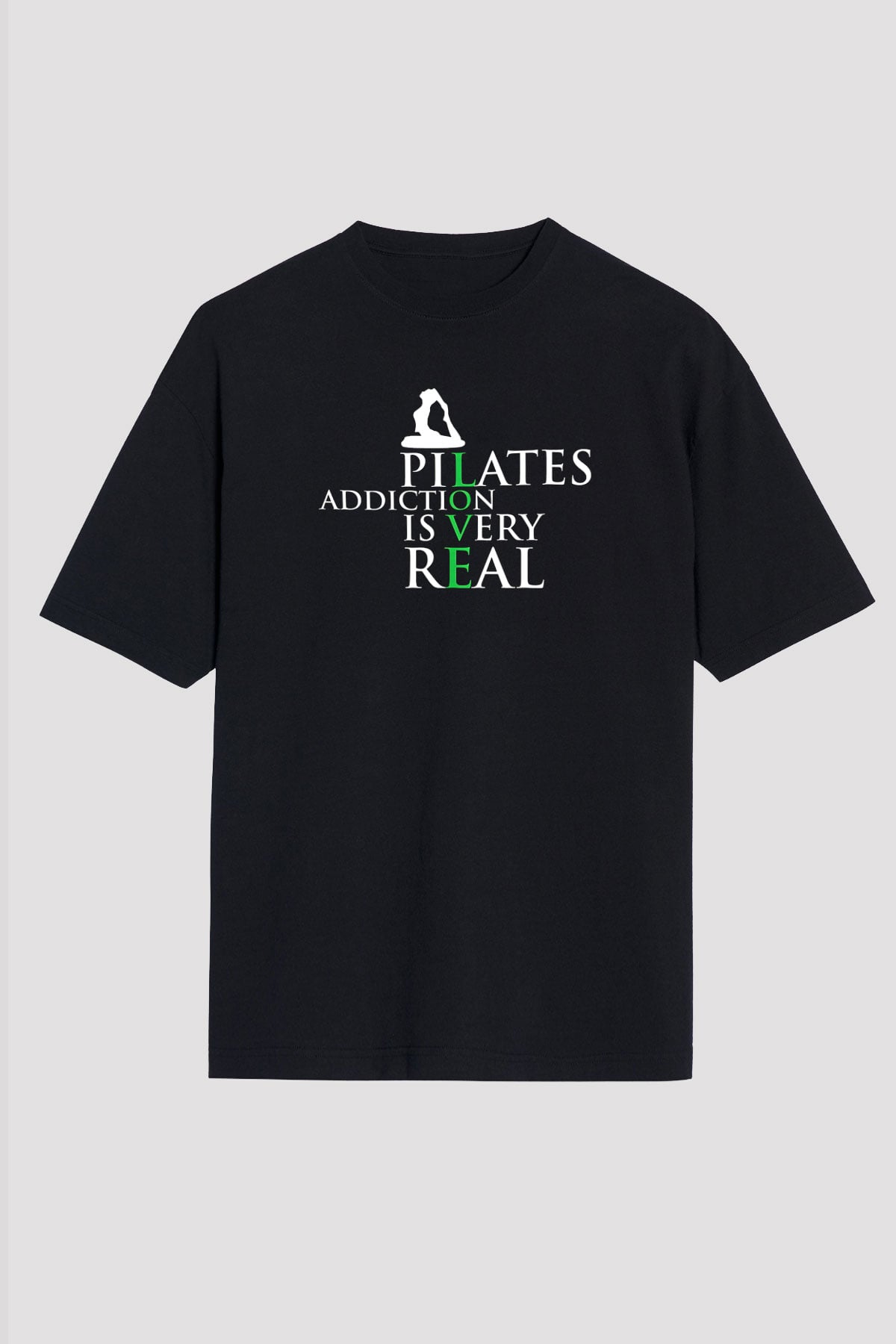 Pilates Baskılı Unisex Siyah Oversize Tişört