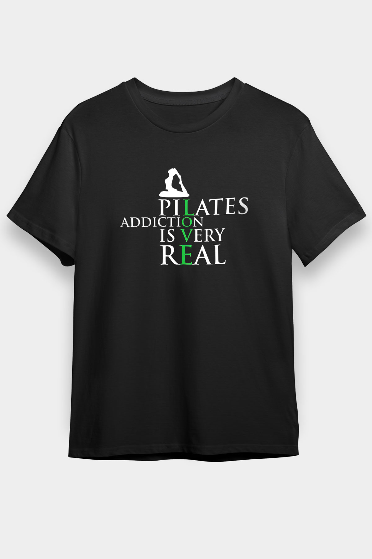 Pilates Baskılı Unisex Siyah Tişört - Tshirt