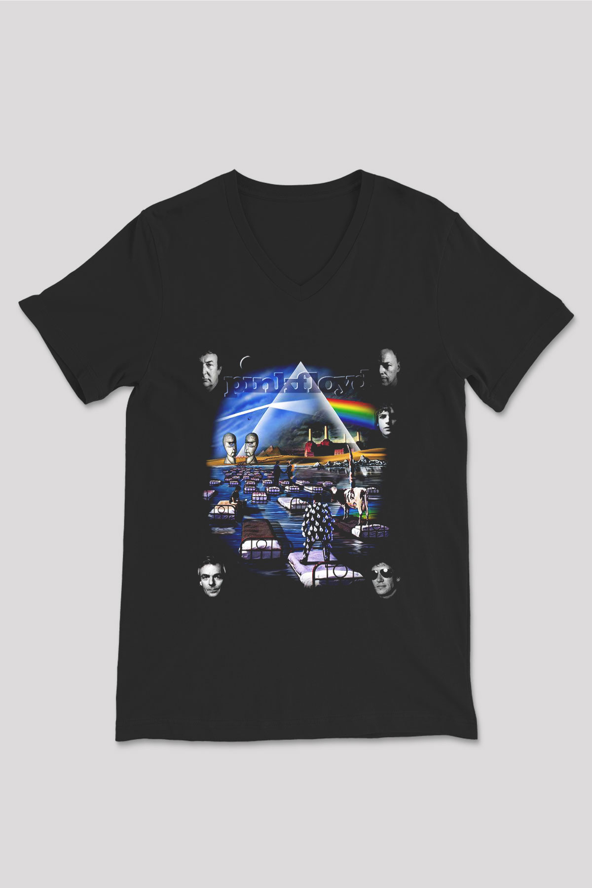 Pink Floyd Siyah Unisex V Yaka Tişört T-Shirt