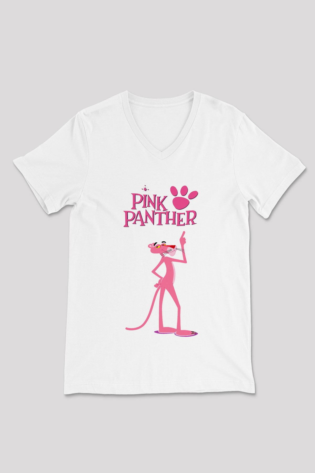 Pink Panther Beyaz Unisex V Yaka Tişört