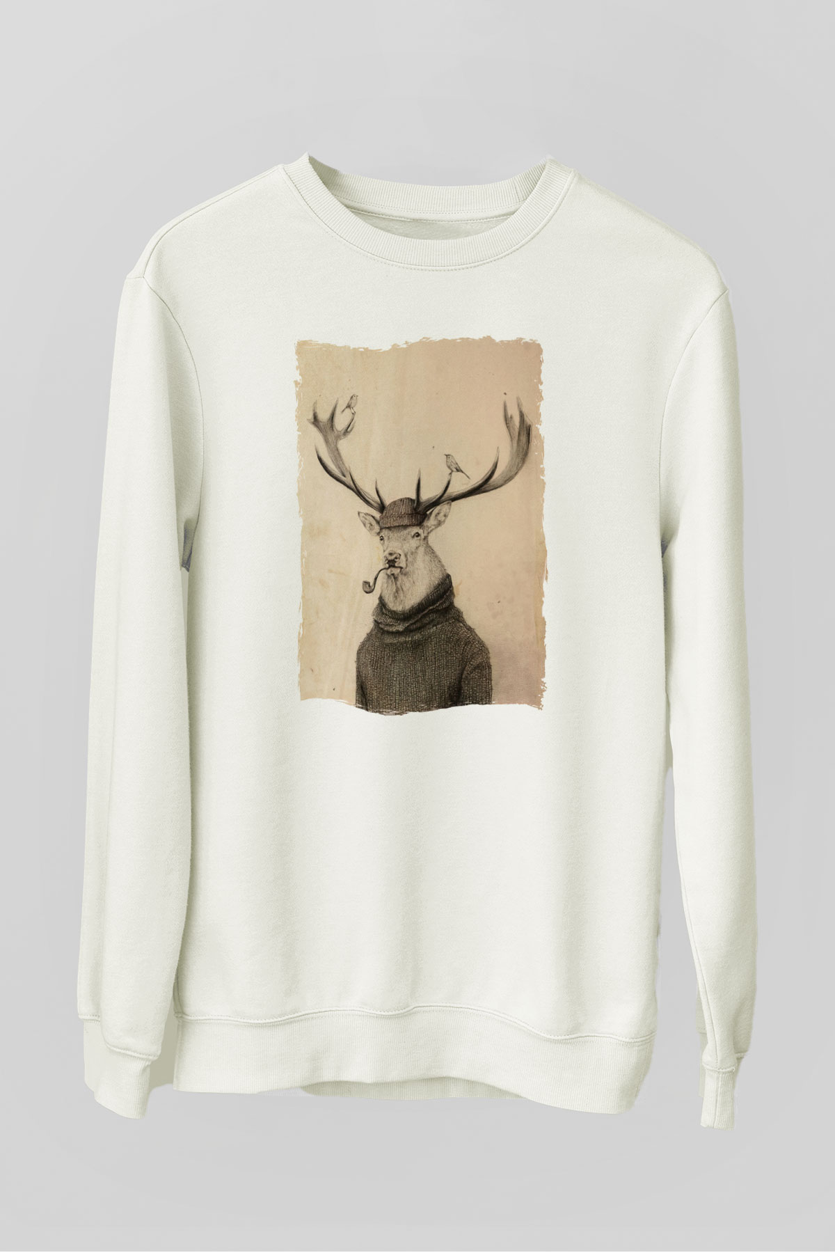 Pipo İçen Geyik Baskılı Unisex Beyaz  Sweatshirt