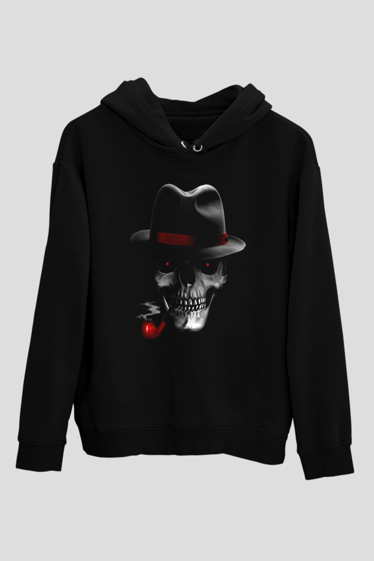 Pipo İçen Şapkalı KurukafaSiyah  Unisex Hoodie