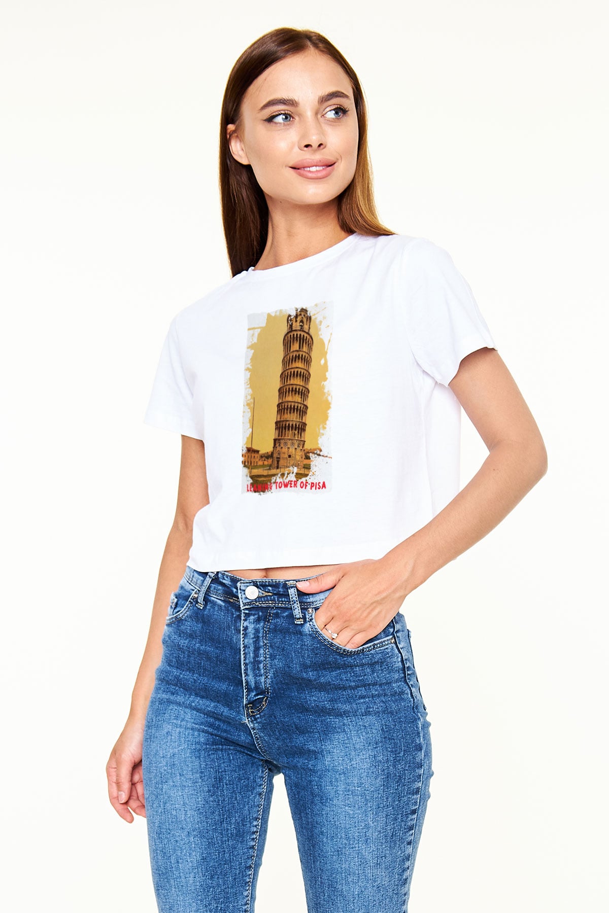 Pisa Kulesi Beyaz  Crop Top Tişört