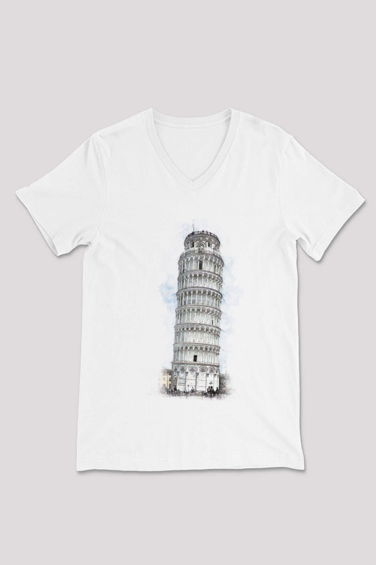 Pisa Kulesi Beyaz Unisex V Yaka Tişört