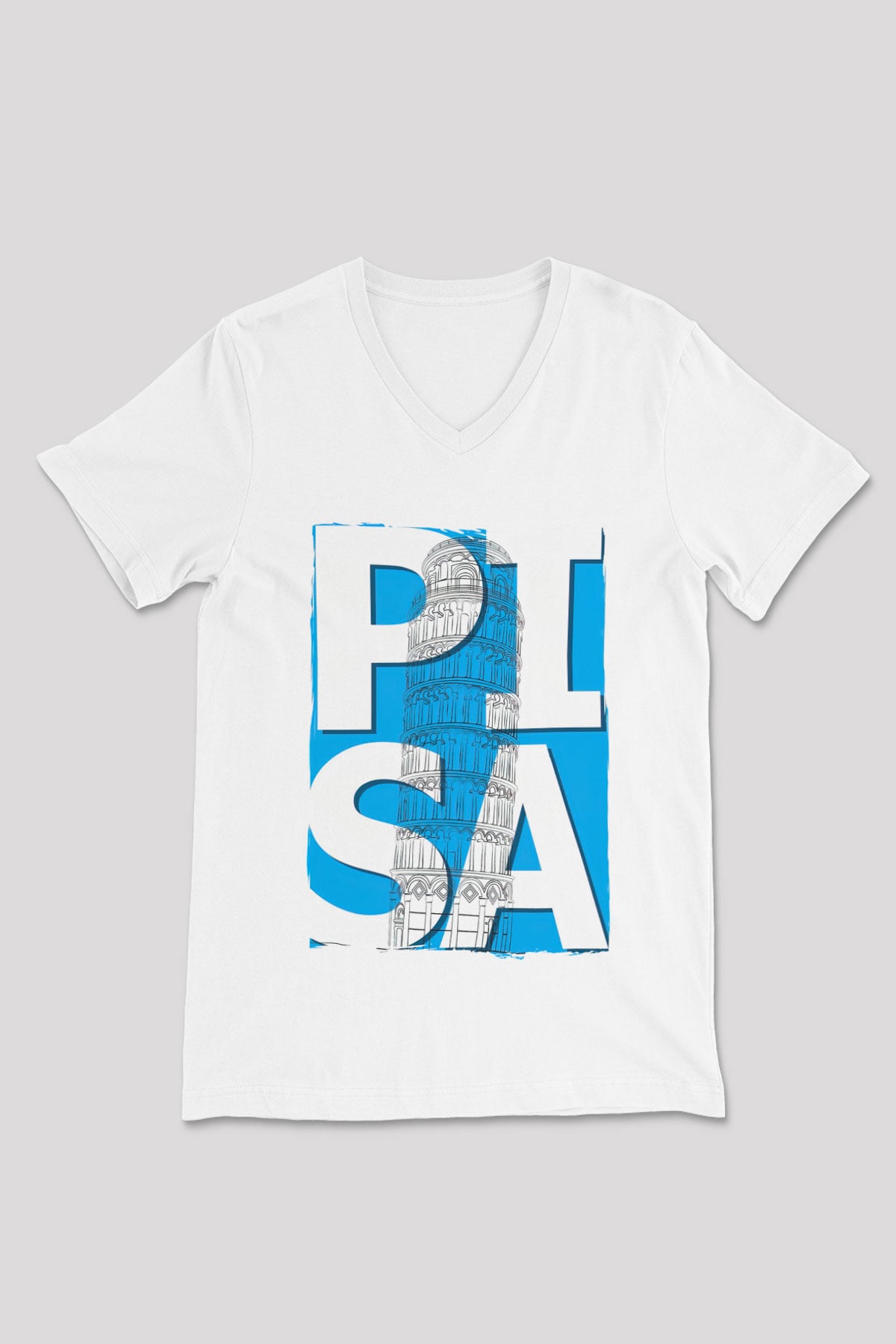 Pisa Kulesi Beyaz Unisex V Yaka Tişört
