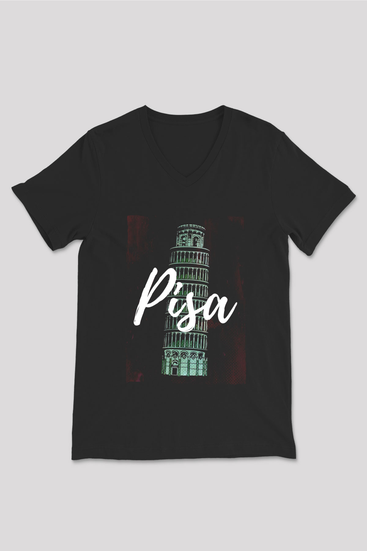 Pisa Kulesi Siyah Unisex V Yaka Tişört