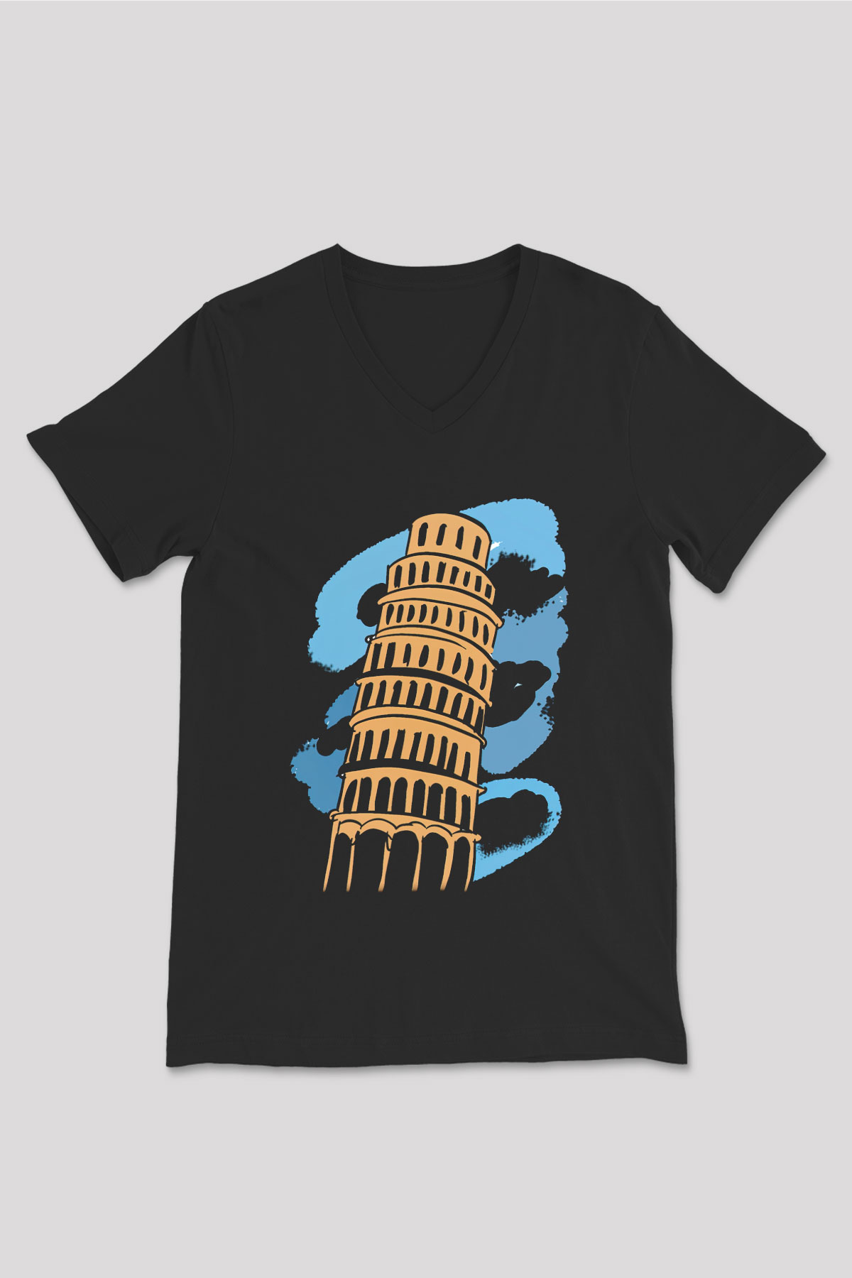 Pisa Kulesi Siyah Unisex V Yaka Tişört T-Shirt
