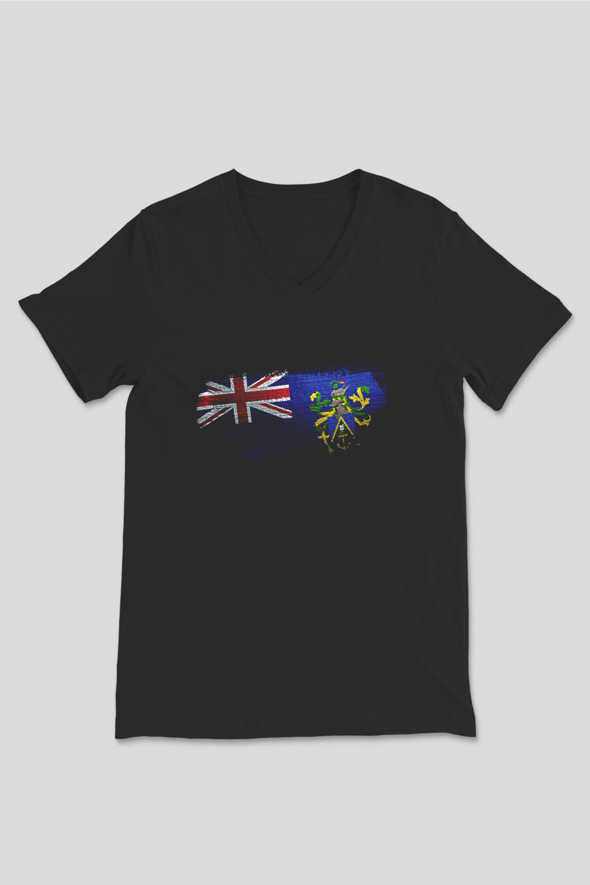 Pitcairn Adaları - Pitcairn İslands Bayrağı Baskılı Unisex Siyah V Yaka Tişört