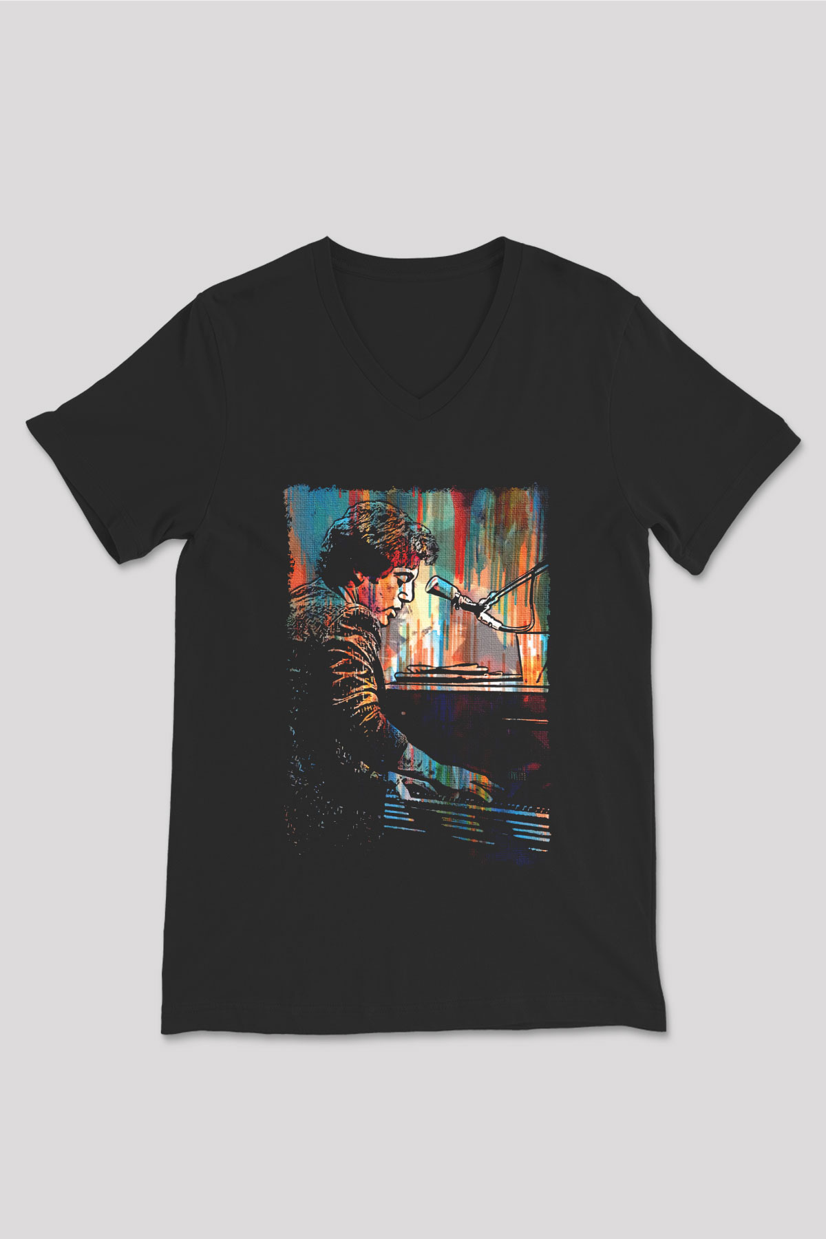 Piyanist Siyah Unisex V Yaka Tişört