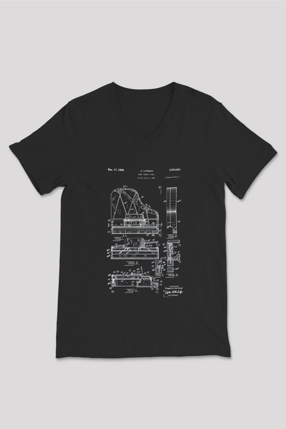 Piyanist Siyah Unisex V Yaka Tişört