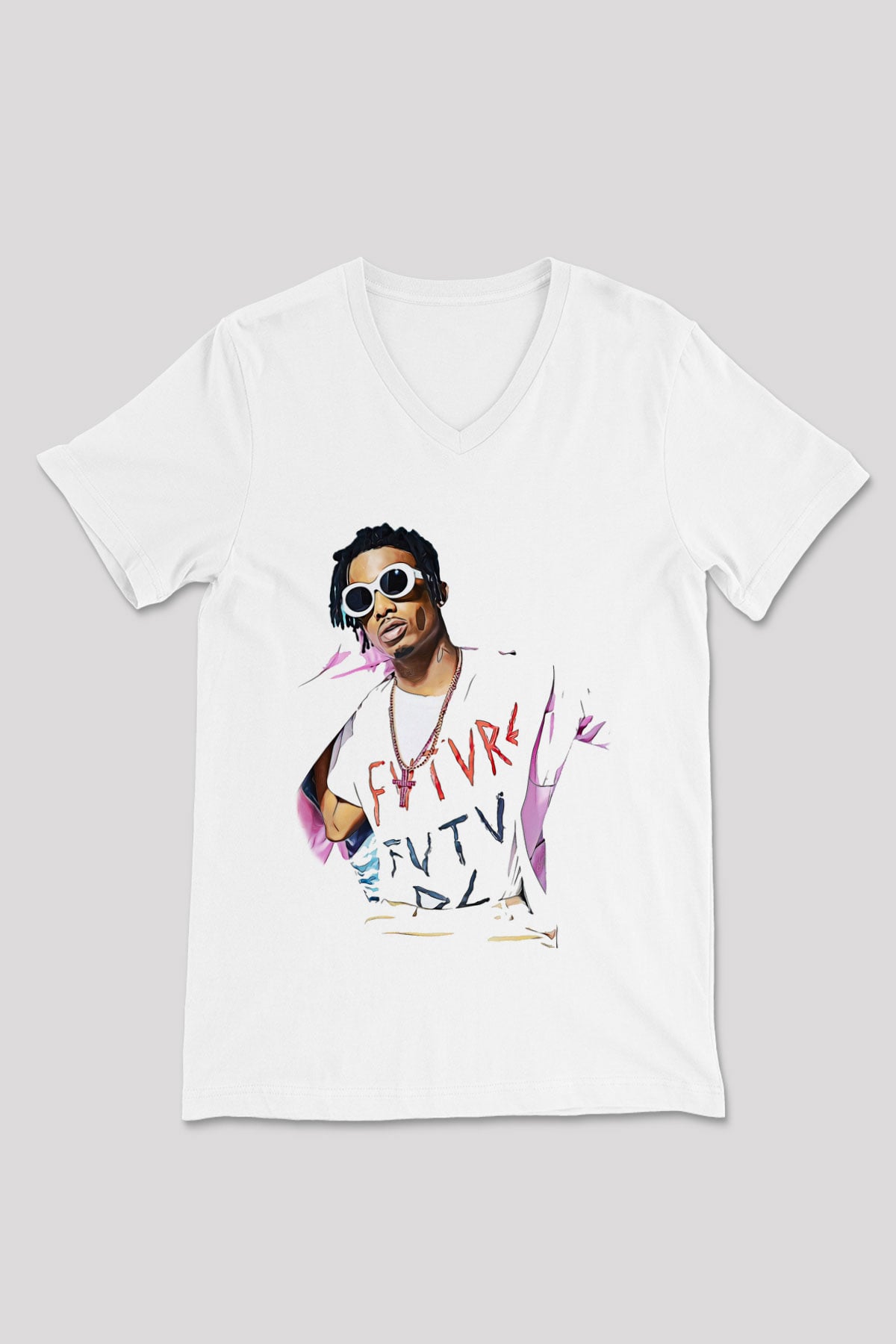 Playboi Carti Baskılı Beyaz Unisex V Yaka Tişört - Tshirt