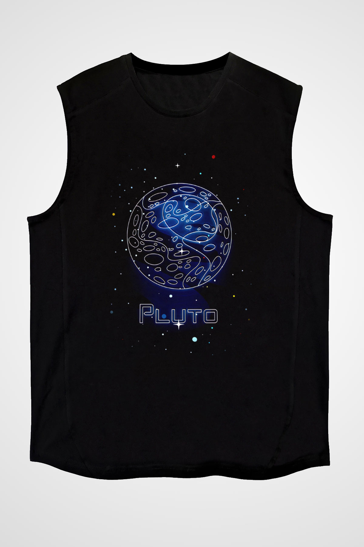 Plüton Çizim Baskılı Unisex Kolsuz Siyah Tişört - Tshirt
