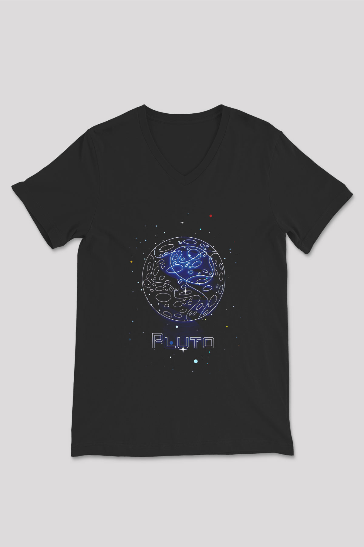 Plüton Çizim Baskılı Unisex V Yaka Siyah Tİşört - Tshirt
