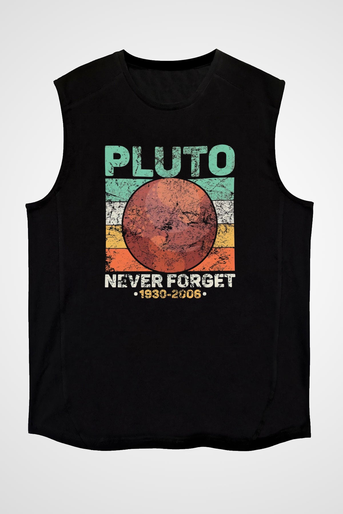 Plüton Çizim Unutma Baskılı Unisex Kolsuz Siyah Tişört - Tshirt