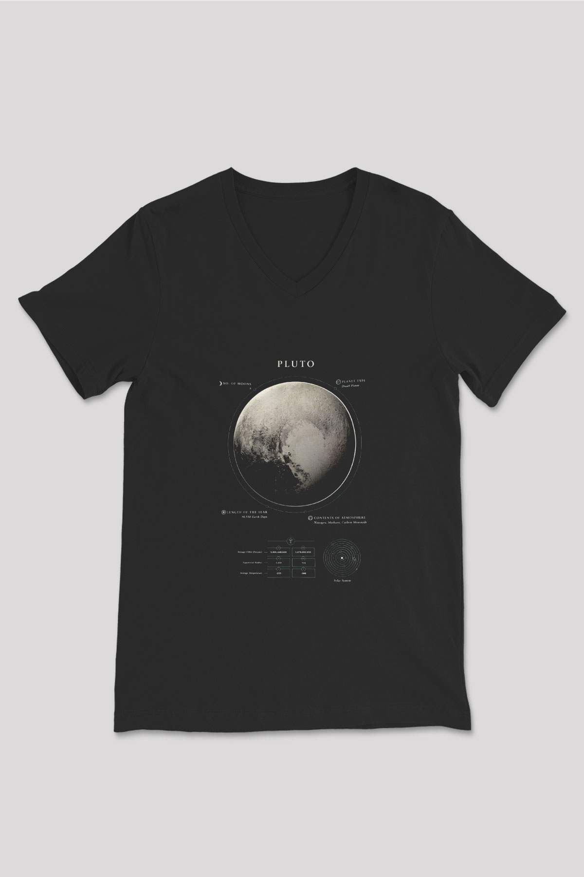 Plüton Fiziksel Özellikleri Baskılı Unisex V Yaka Siyah Tİşört - Tshirt