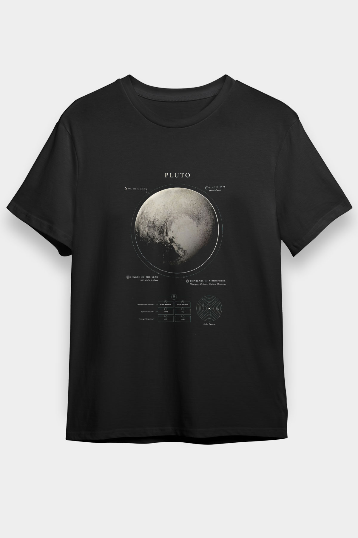 Plüton Fiziksel Özellikleri Baskılı Unisex Siyah Tişört - Tshirt