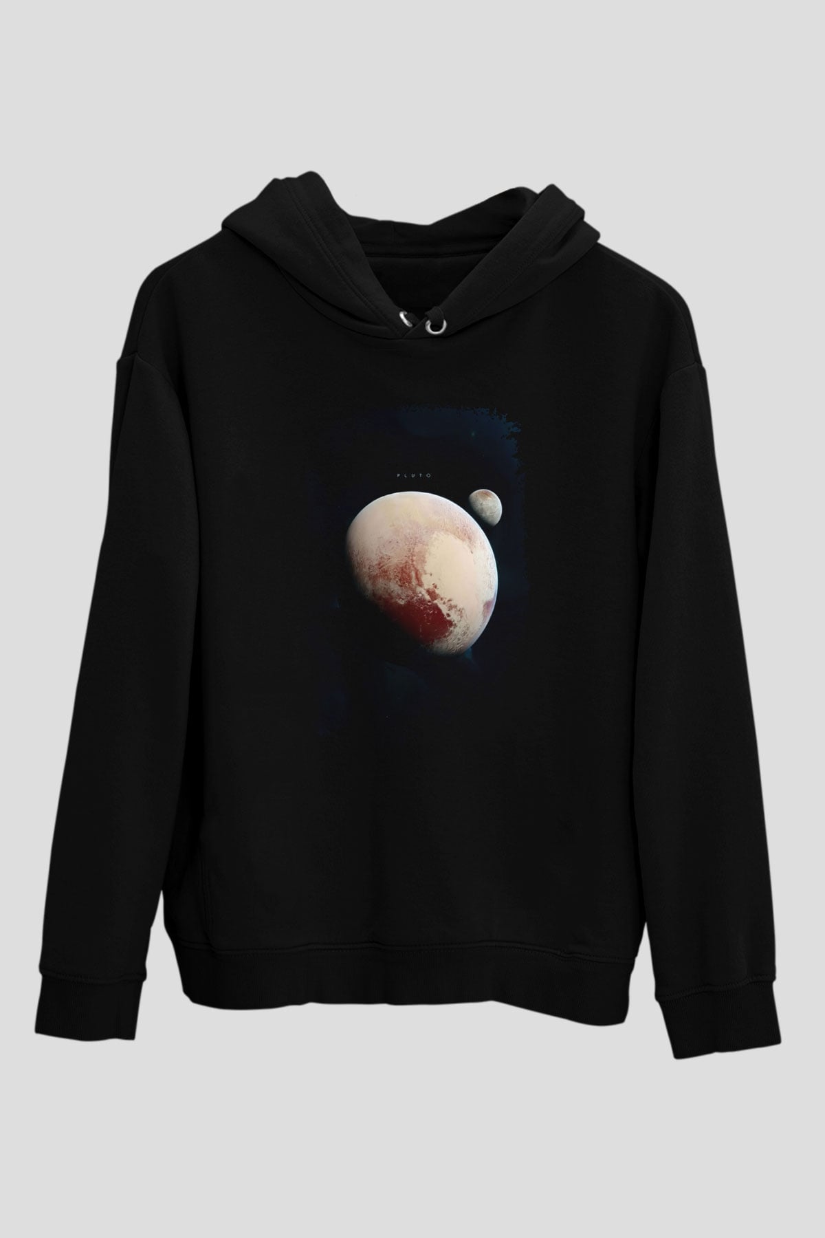 Plüton Fotoğraf Baskılı Unisex Siyah Kapüşonlu Sweatshirt