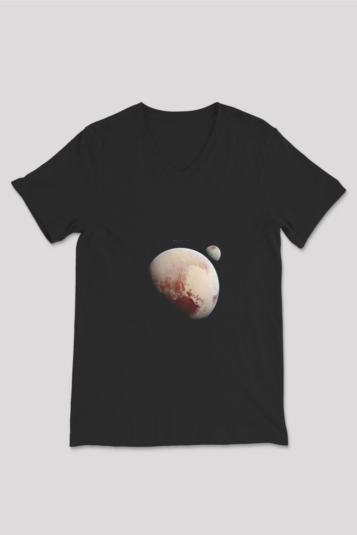 Plüton Fotoğraf Baskılı Unisex V Yaka Siyah Tİşört - Tshirt