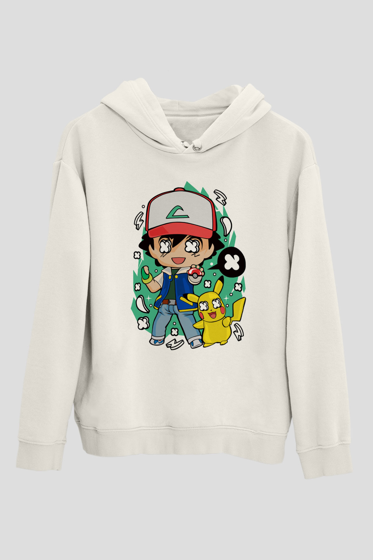 Pokemon Baskılı Unisex Beyaz Hoodie