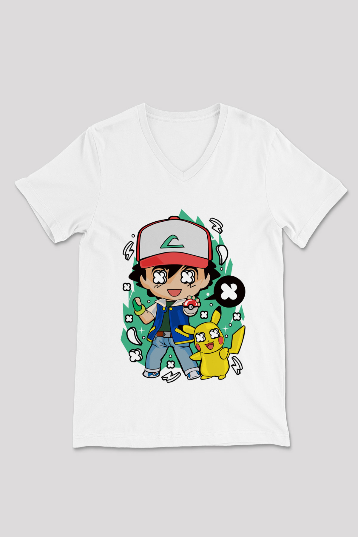 Pokemon Baskılı Unisex Beyaz V Yaka Tişört