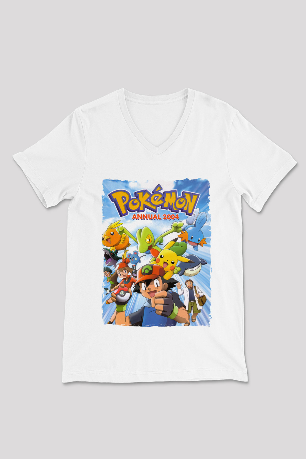 Pokemon Beyaz Unisex V Yaka Tişört