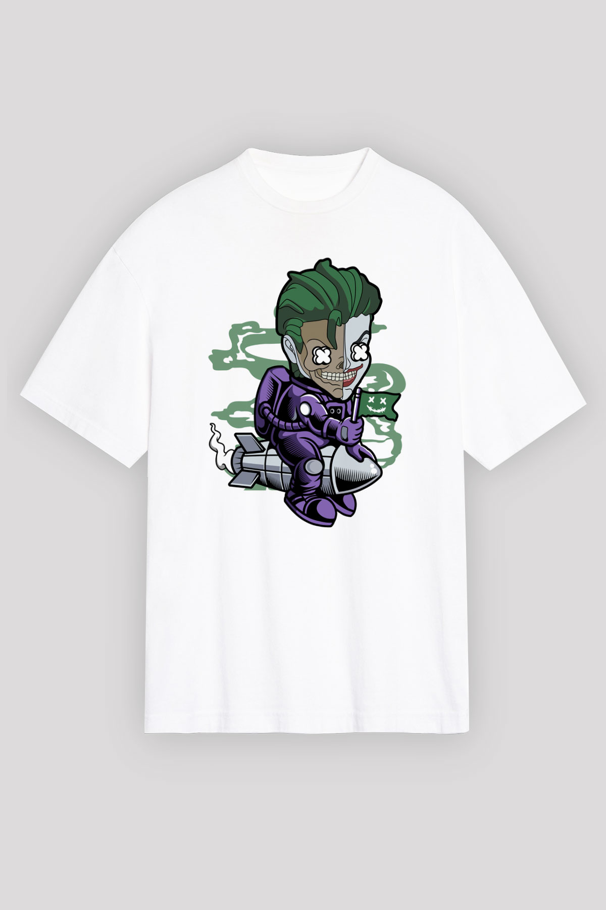 Poker Roket Rider Baskılı Unisex Beyaz Oversize Tişört