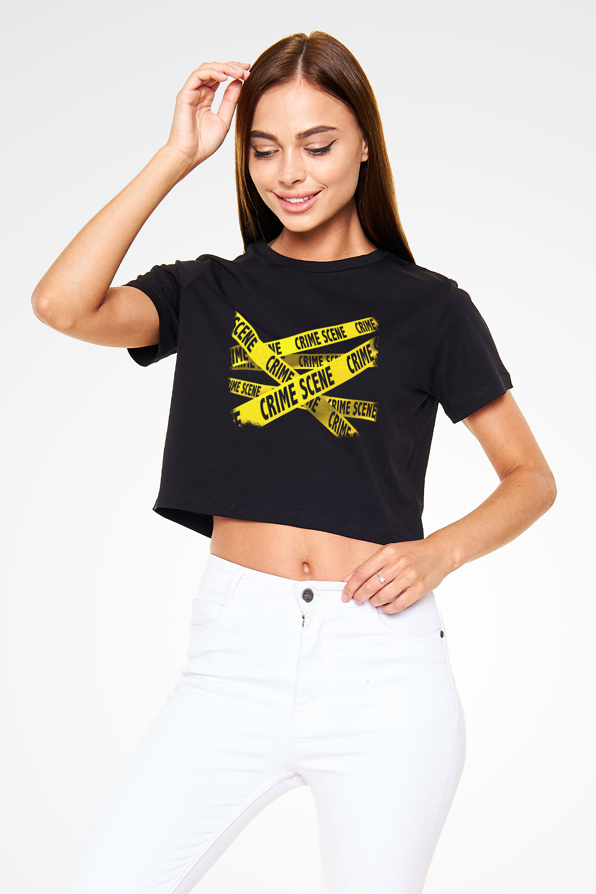 Polis Siyah Crop Top Tişört