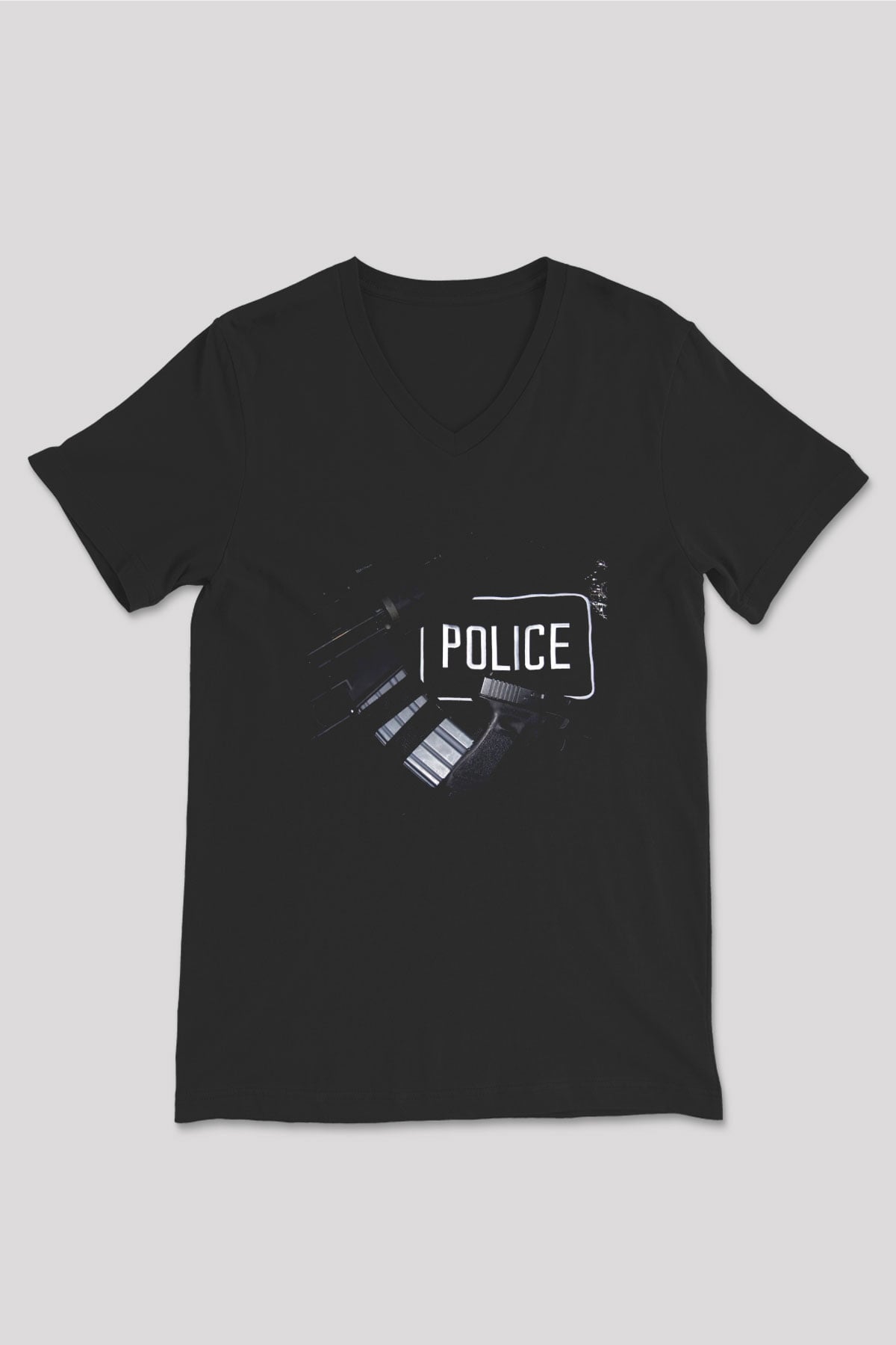 Polis Siyah Unisex V Yaka Tişört T-Shirt