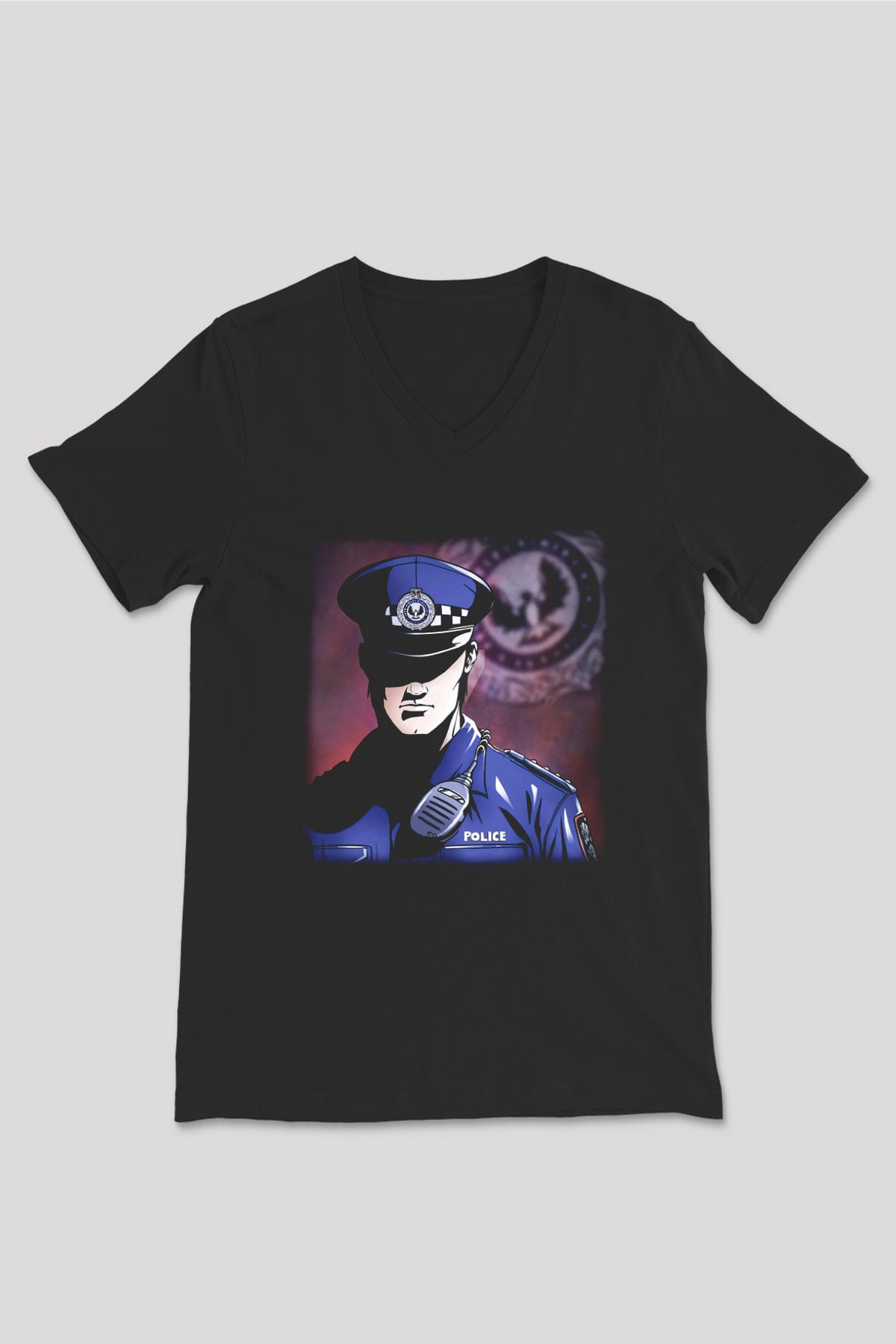 Polis Siyah Unisex V Yaka Tişört T-Shirt