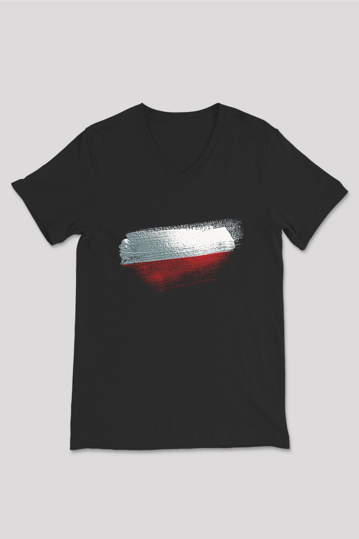 Polonya - Poland Bayrağı Baskılı Unisex Siyah V Yaka Tişört