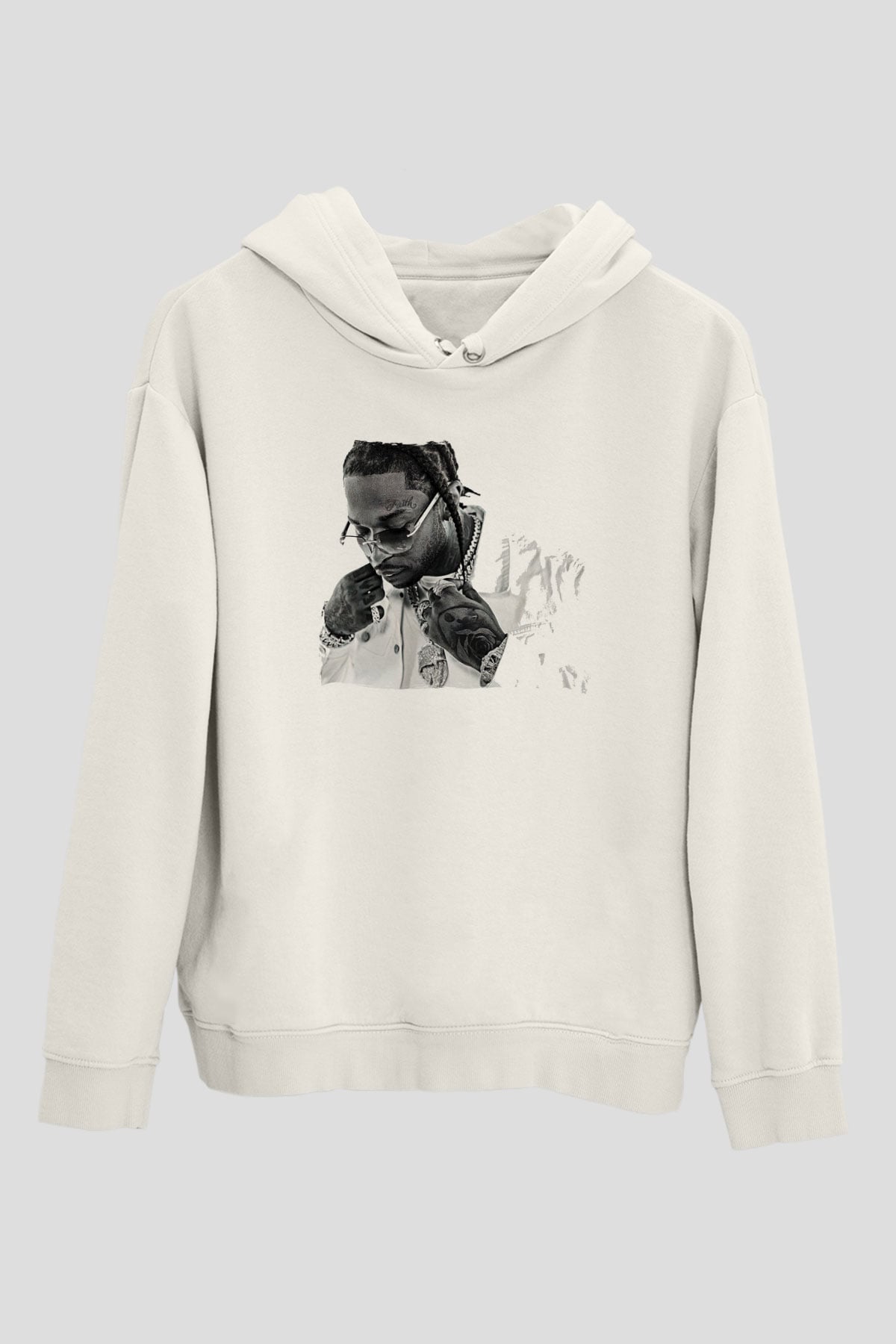 Pop Smoke Baskılı Beyaz Unisex Kapüşonlu Sweatshirt