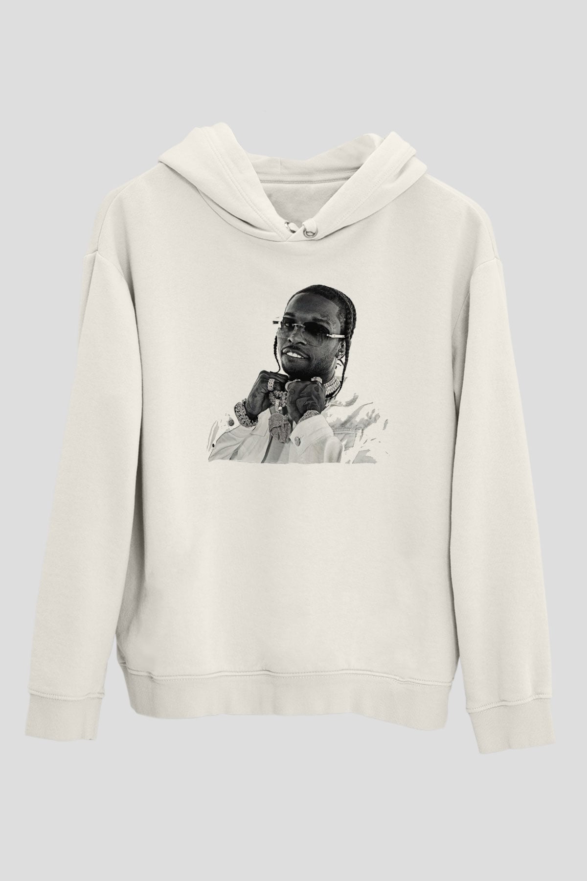 Pop Smoke Baskılı Beyaz Unisex Kapüşonlu Sweatshirt