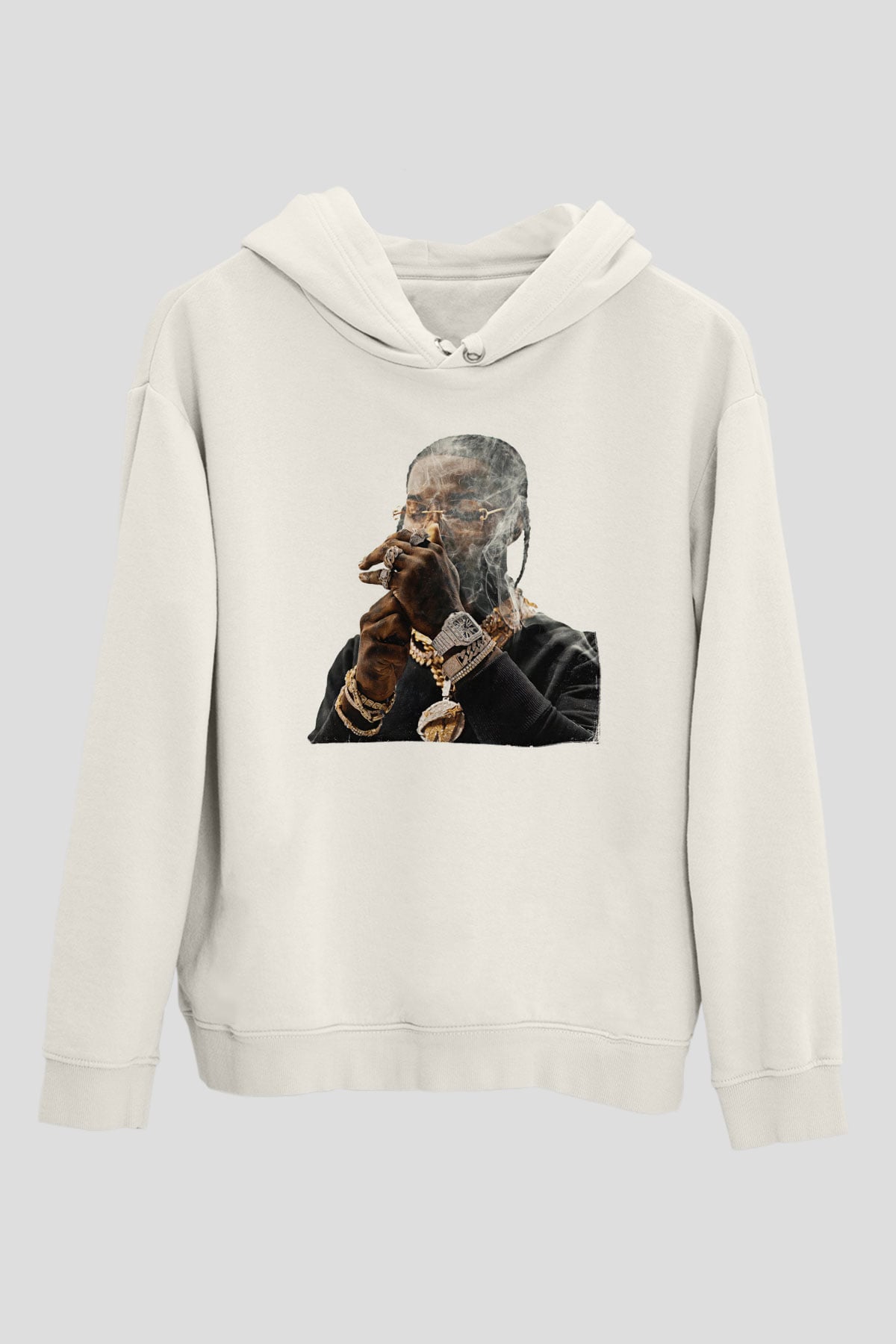 Pop Smoke Baskılı Beyaz Unisex Kapüşonlu Sweatshirt