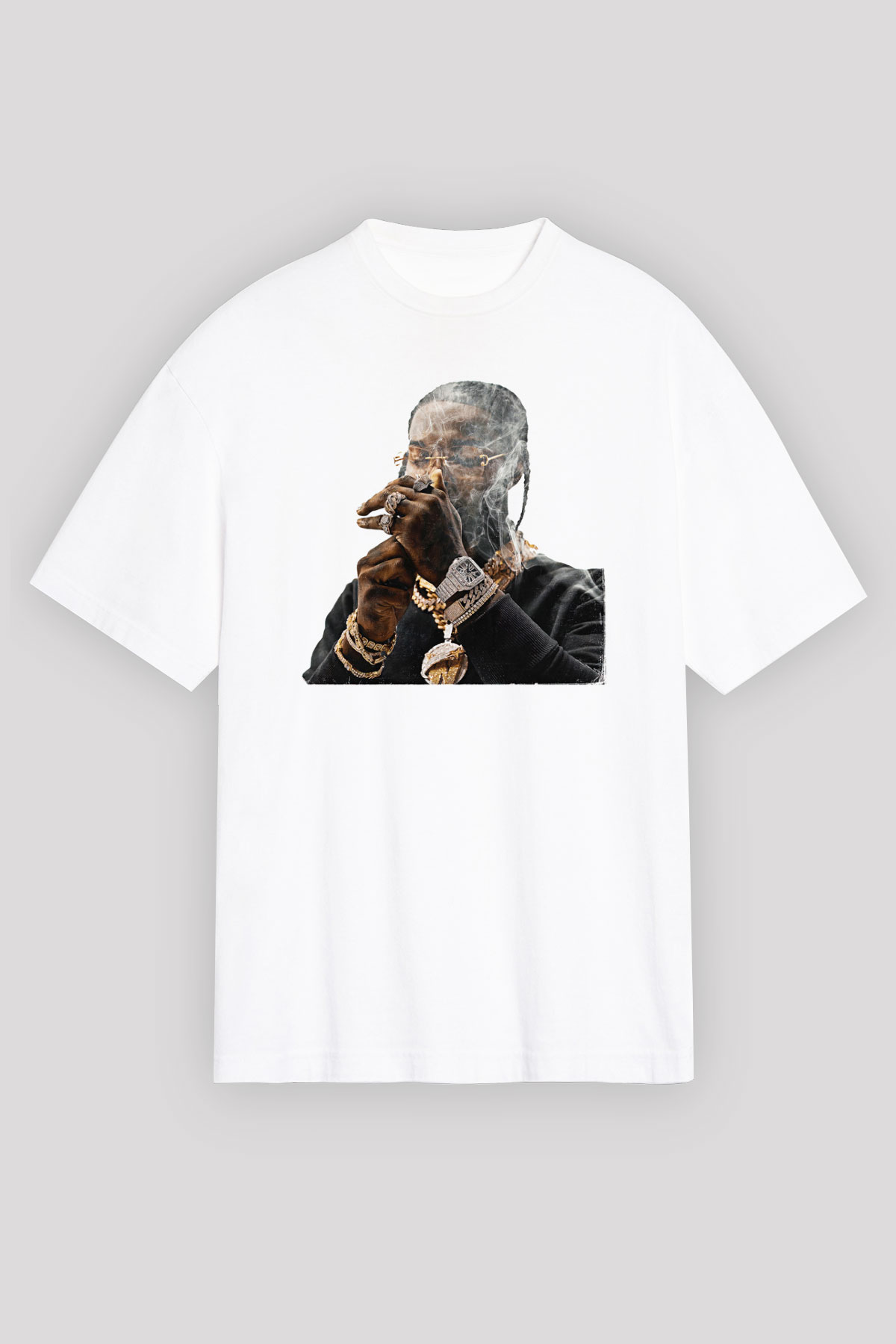 Pop Smoke Baskılı Beyaz Unisex Oversize Tişört - Tshirt
