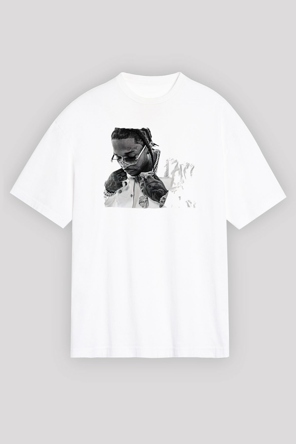Pop Smoke Baskılı Beyaz Unisex Oversize Tişört - Tshirt