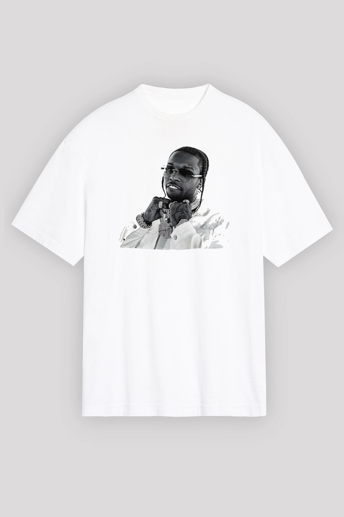 Pop Smoke Baskılı Beyaz Unisex Oversize Tişört - Tshirt