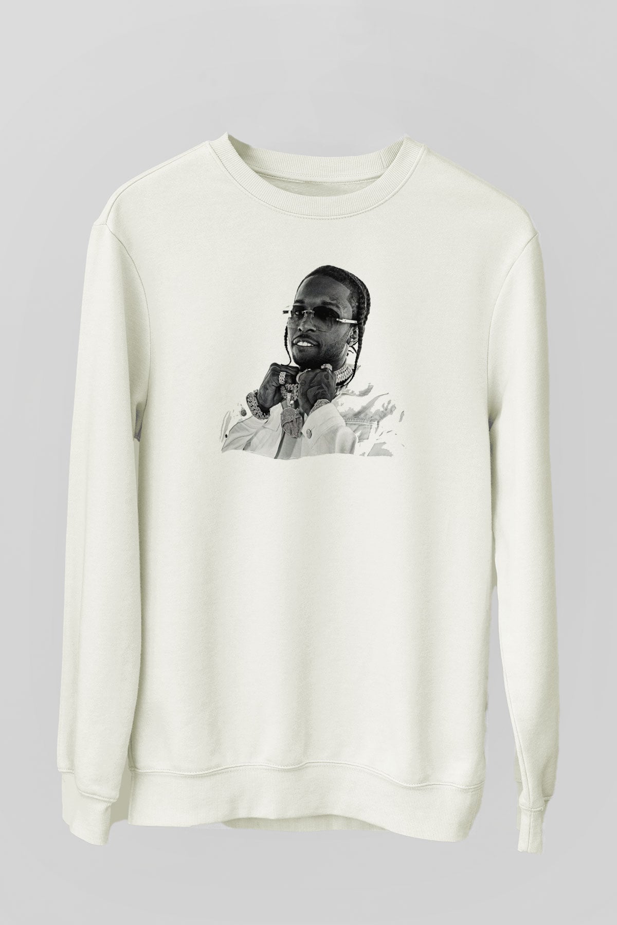 Pop Smoke Baskılı Beyaz Unisex Sweatshirt
