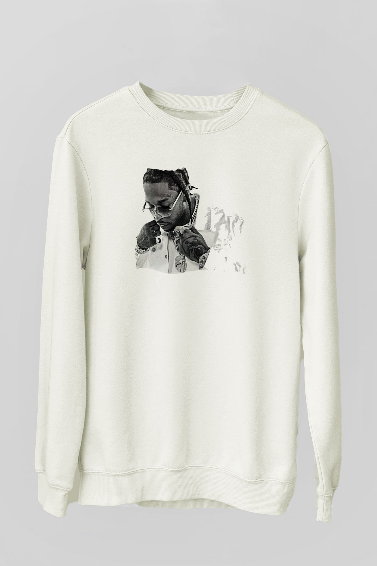 Pop Smoke Baskılı Beyaz Unisex Sweatshirt