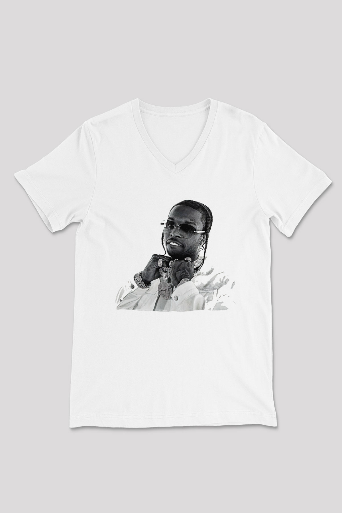 Pop Smoke Baskılı Beyaz Unisex V Yaka Tişört - Tshirt