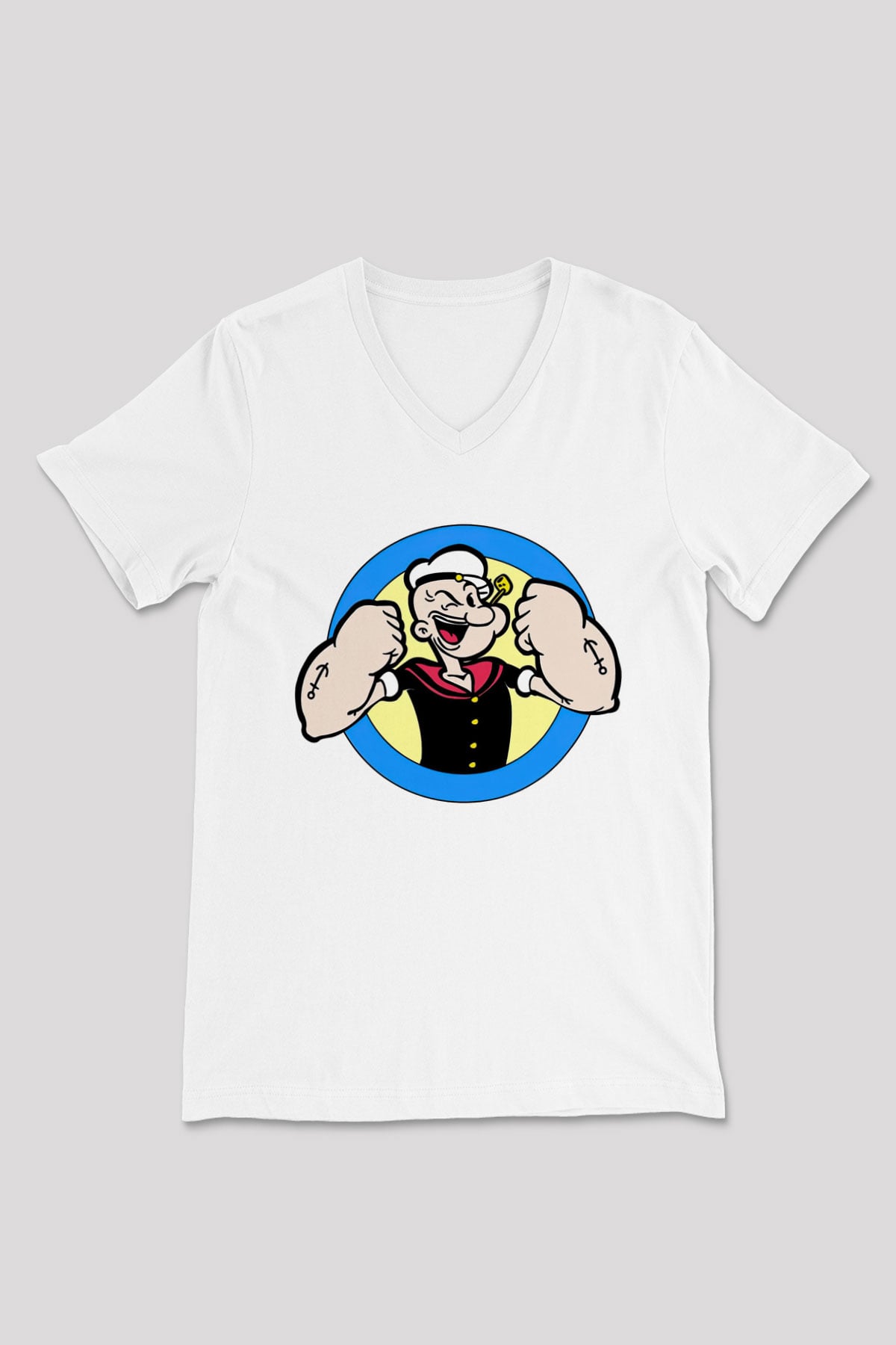 Popeye Beyaz Unisex V Yaka Tişört T-Shirt