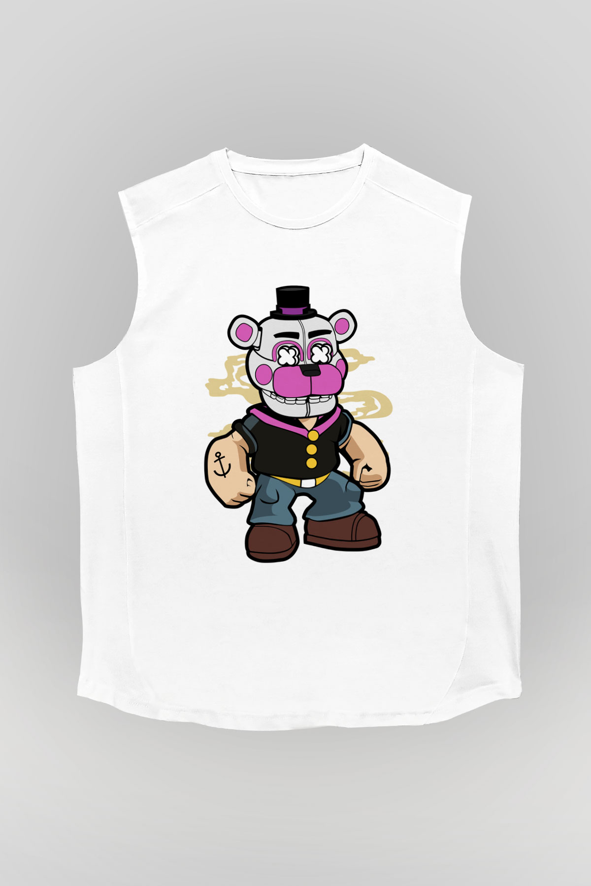 Popeye Freddy Baskılı Unisex Beyaz Kolsuz Tişört