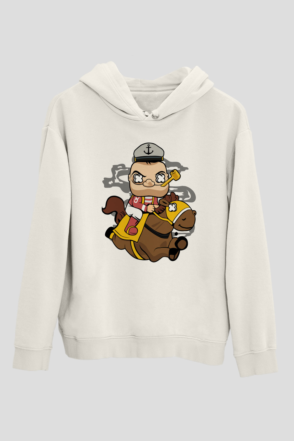 Popeye Jockey Baskılı Beyaz Unisex Hoodie