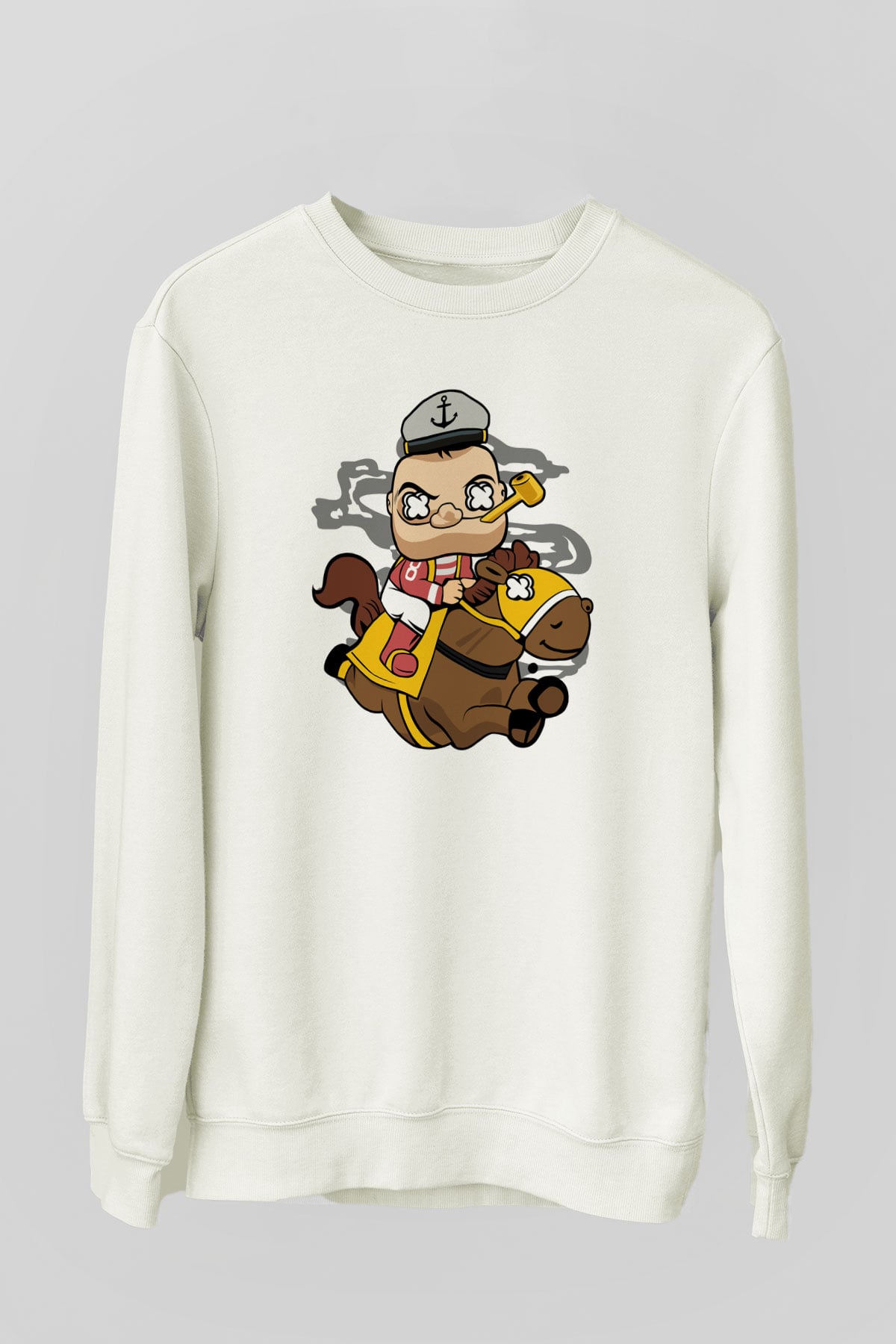 Popeye Jockey Baskılı Beyaz Unisex Sweatshirt