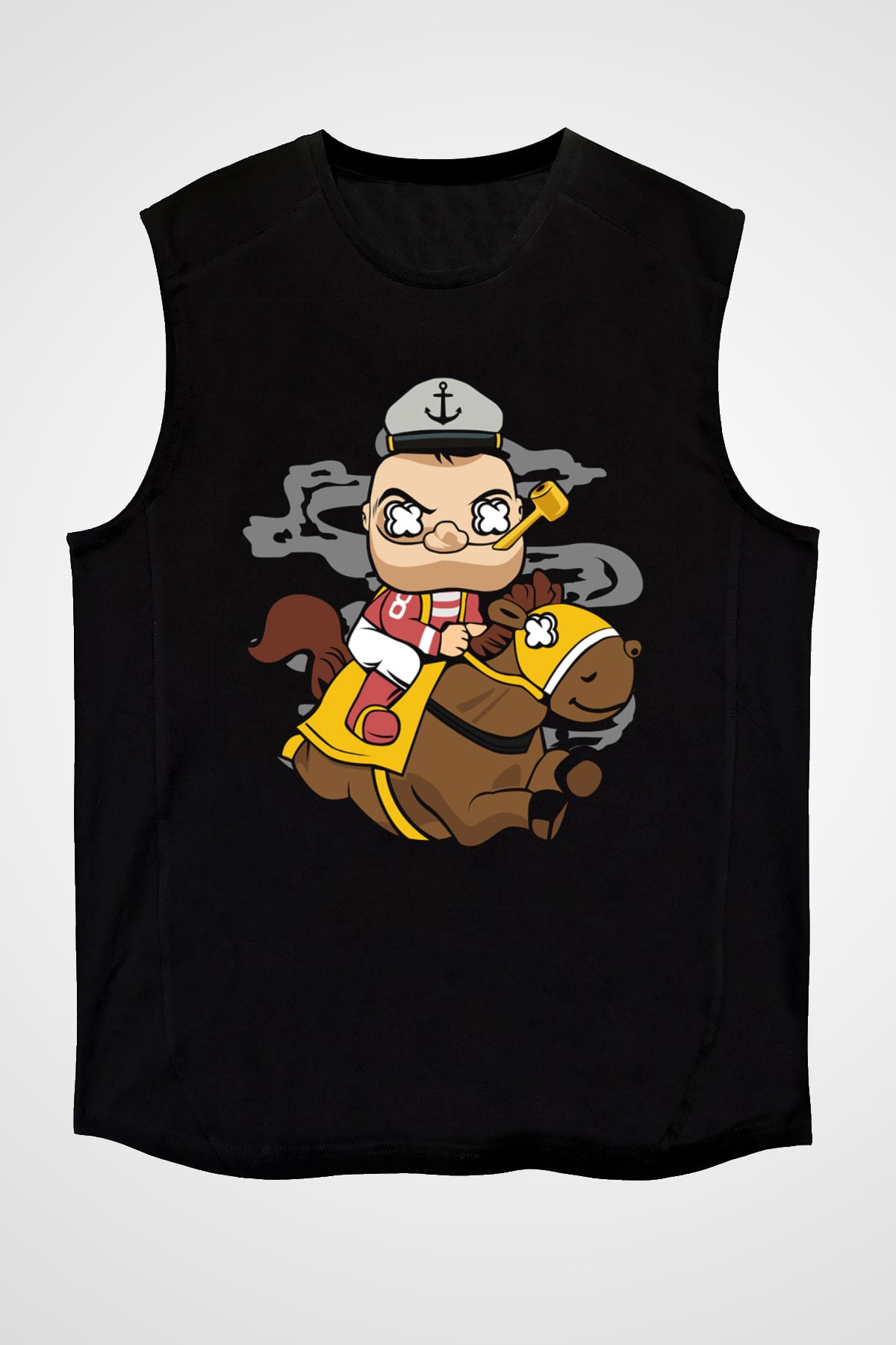 Popeye Jockey Baskılı Siyah Unisex Kolsuz Tişört