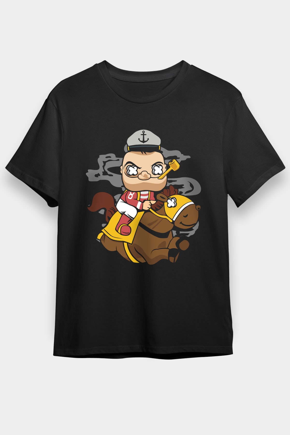 Popeye Jockey Baskılı Siyah Unisex Tişört